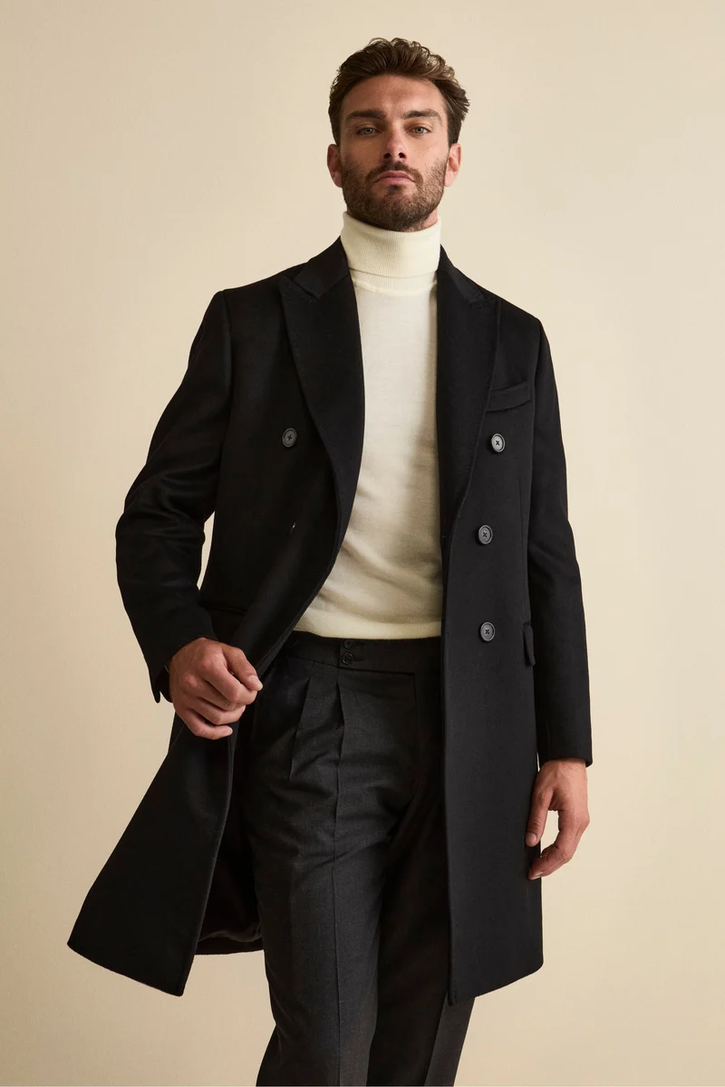 Cappotto Midi Doppiopetto in Misto Lana e Cashmere con Martingala - NERO
