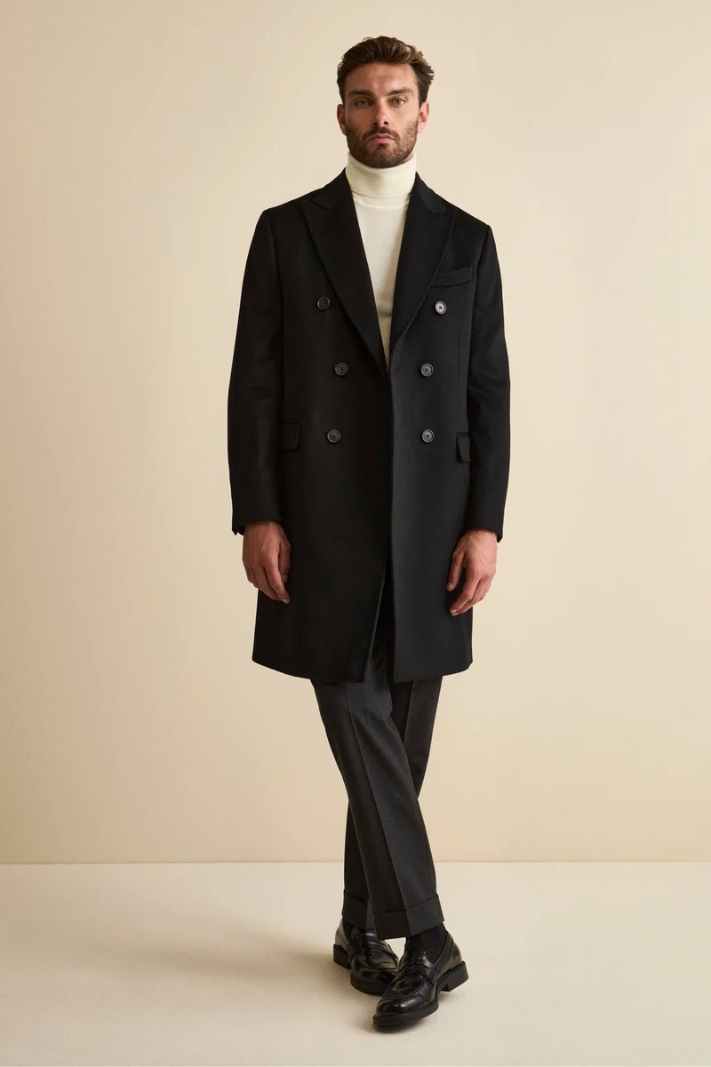 Cappotto Midi Doppiopetto in Misto Lana e Cashmere con Martingala - NERO