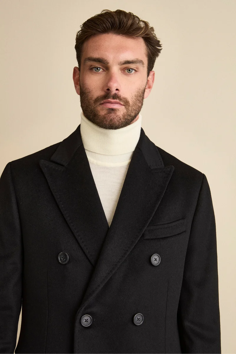 Cappotto Midi Doppiopetto in Misto Lana e Cashmere con Martingala - NERO