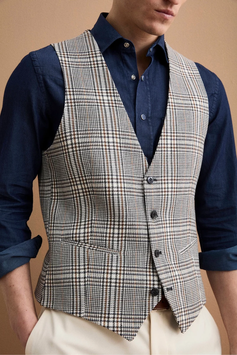 Gilet Check Foderato in Misto Lana Vergine e Lino - NERO QUADRI
