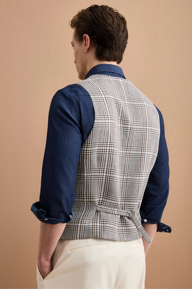 Gilet Check Foderato in Misto Lana Vergine e Lino - NERO QUADRI