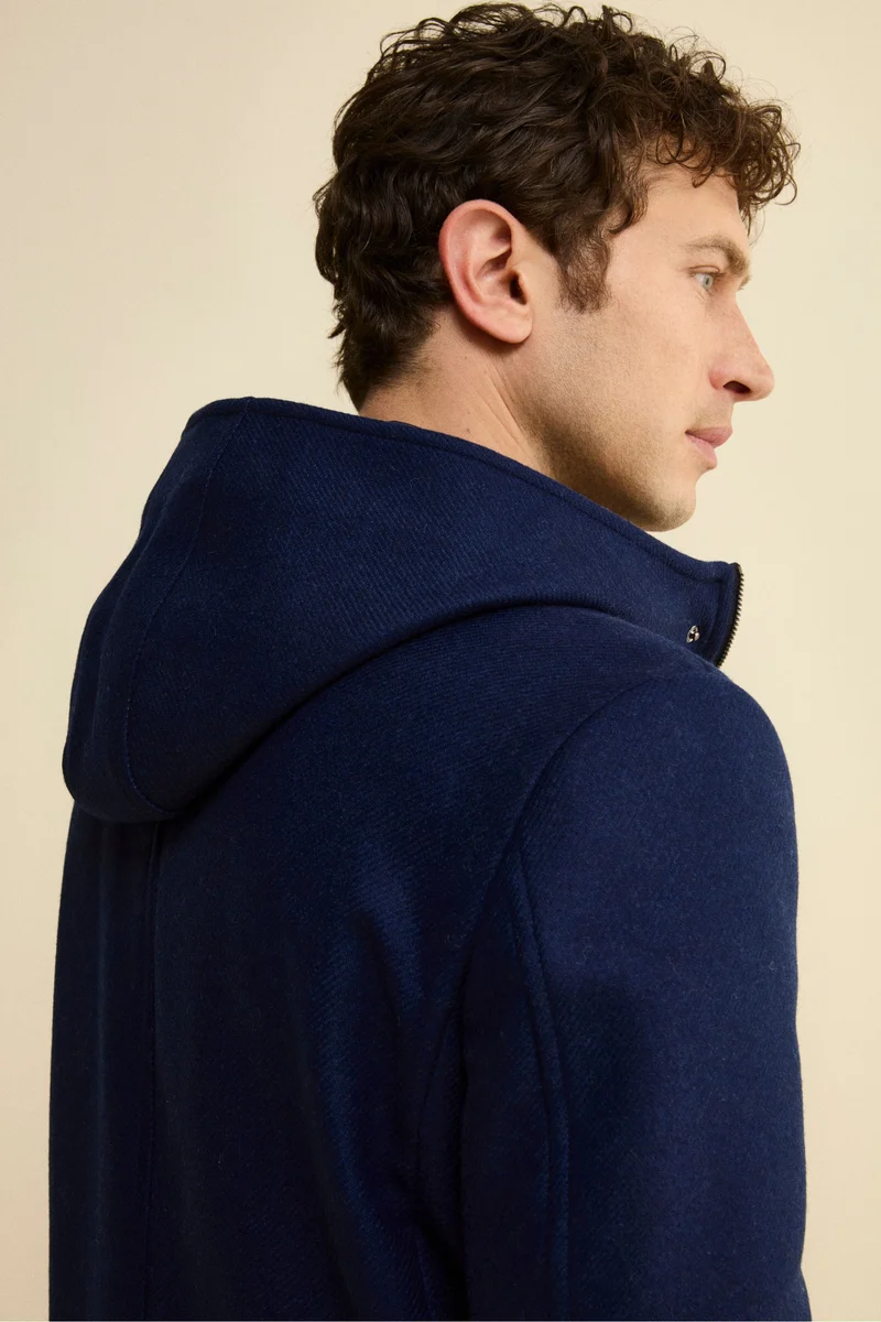 Cappotto Twill in Misto Lana con Zip e Cappuccio - BLU