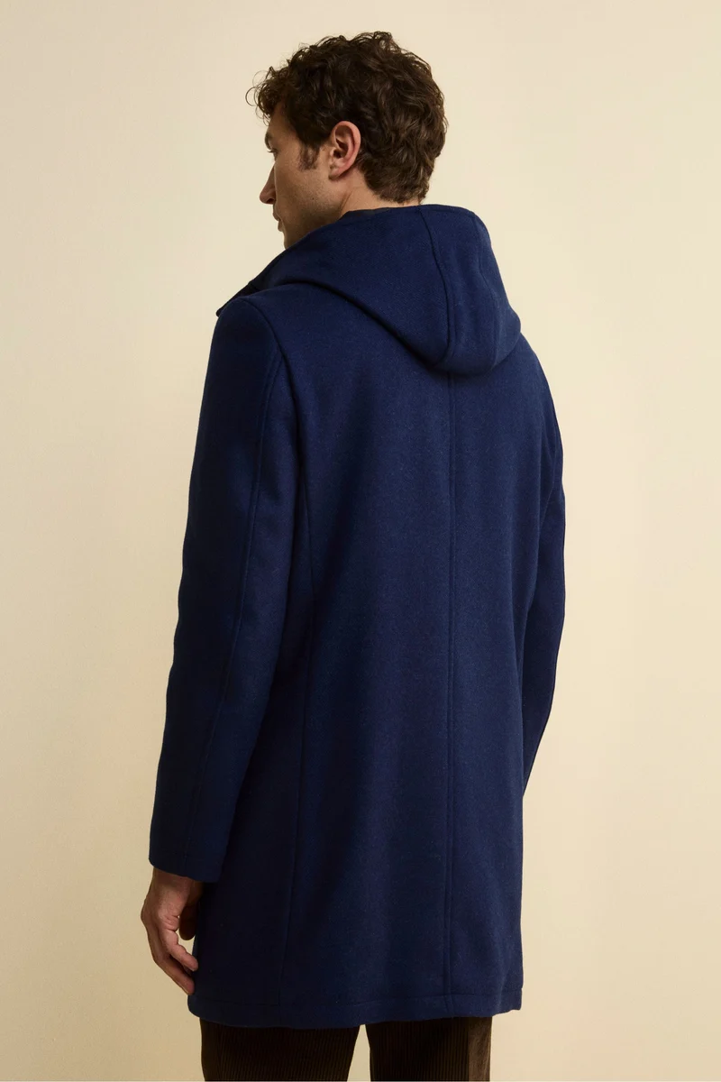 Cappotto Twill in Misto Lana con Zip e Cappuccio - BLU