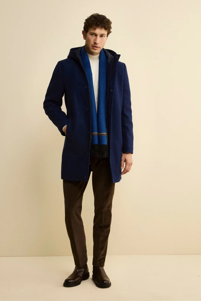 Cappotto Twill in Misto Lana con Zip e Cappuccio - BLU