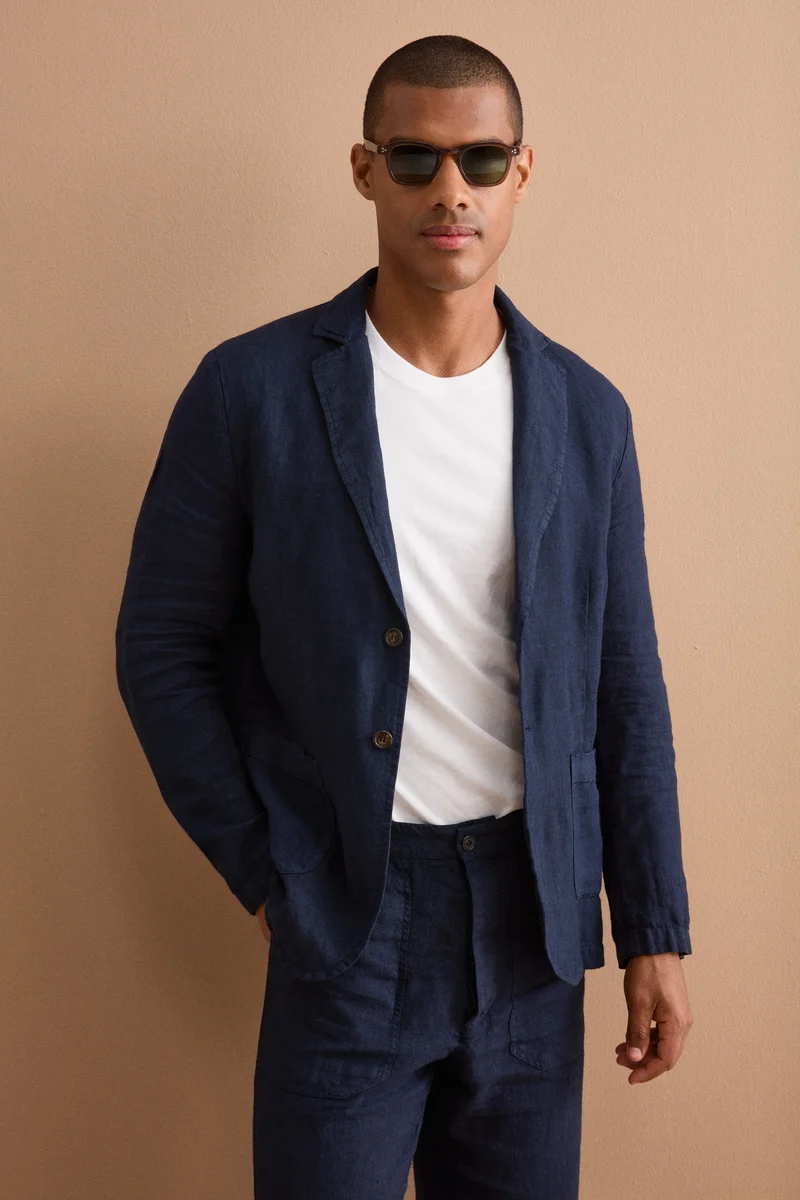 Giacca Regular Fit Sfoderata in Lino - BLU