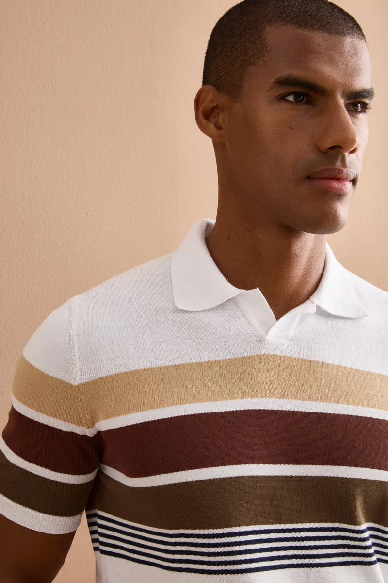 Polo a Righe in Cotone con Bordo a Costina - BIANCO RIGATO
