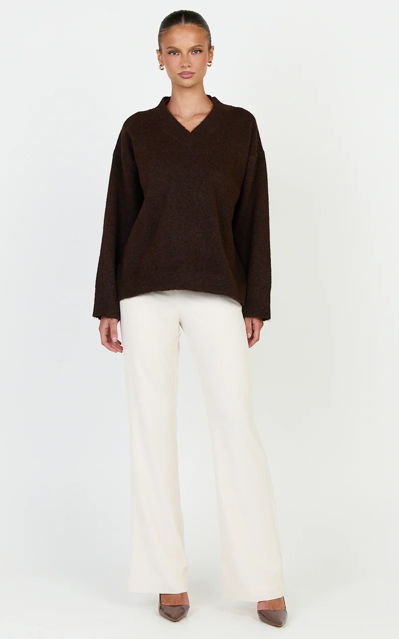 Clementine Jumper - V Neck Knit Jumper in Chocolate