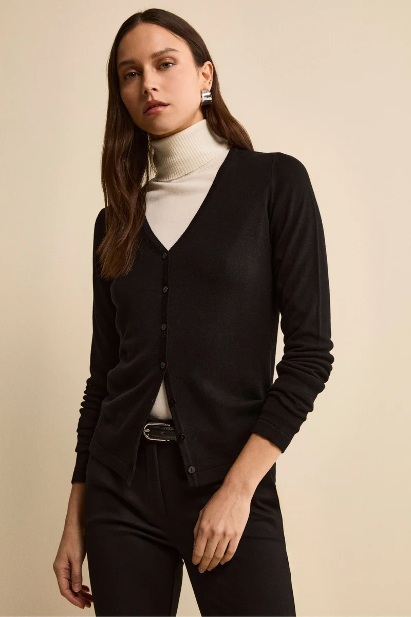 Cardigan in Lana Merino con Scollo a V - NERO