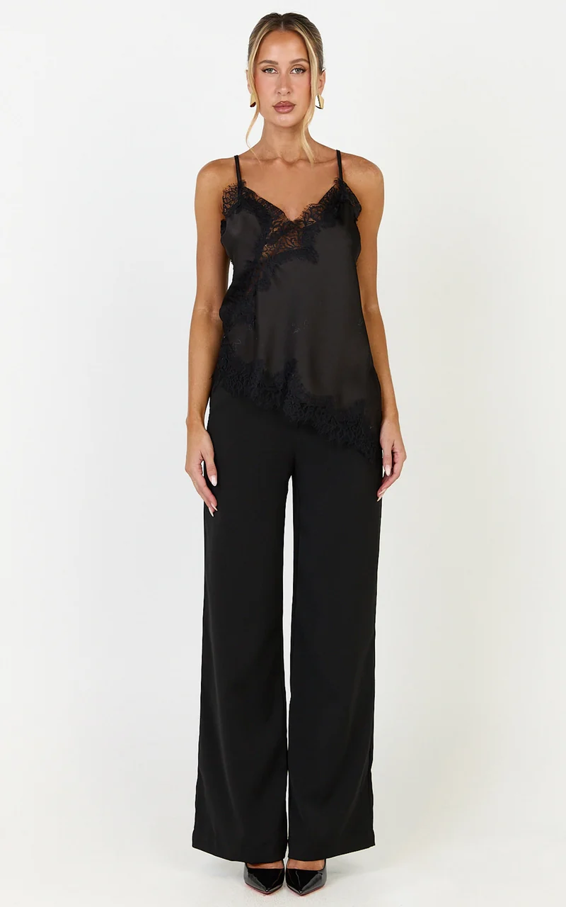 Ava Top - Lace Trim Asymmetrical Camisole Top in Black