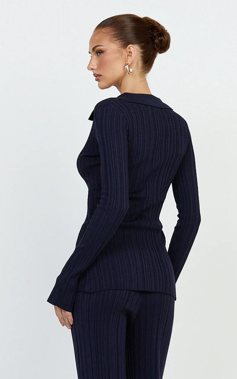 Kelsey Top - Button Through Long Sleeve Knit Top in Navy