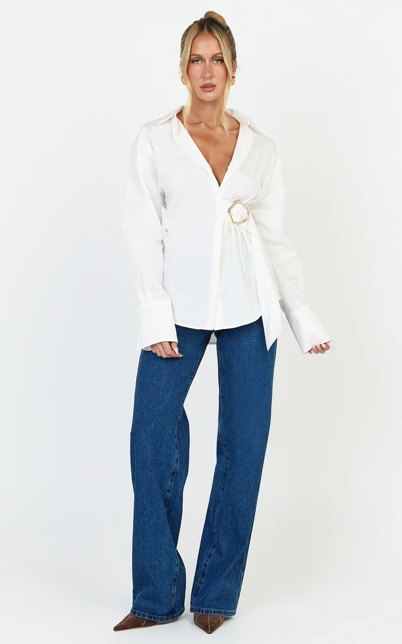 Heloise Top - Wrap Front Buckle and Tie Detail LS Shirt in White