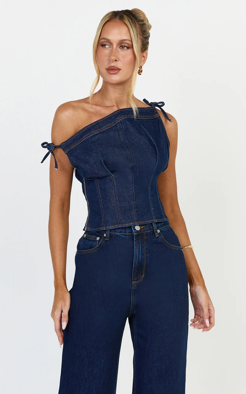 Ivy Top - Asymmetrical Neckline Tie Detail Stretch Denim Top in Dark Blue Wash
