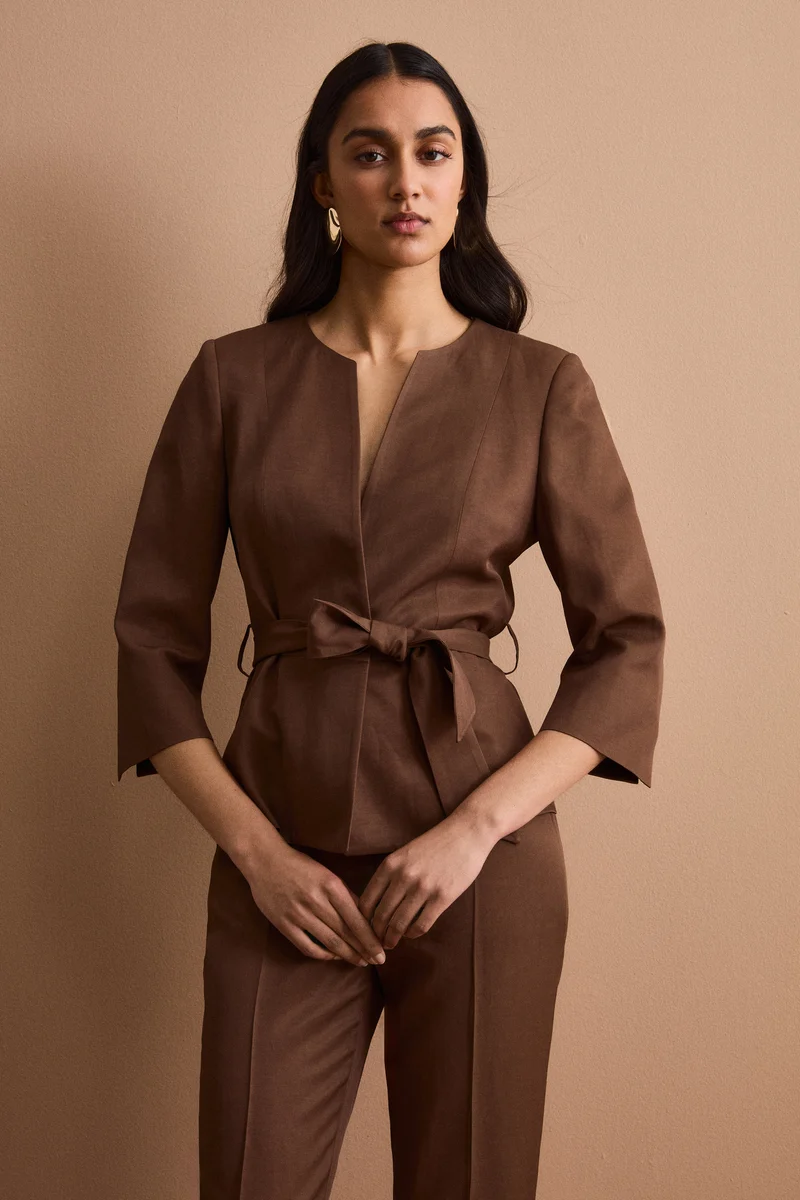Blazer Foderato da Cerimonia in Raso con Cintura - CIOCCOLATO