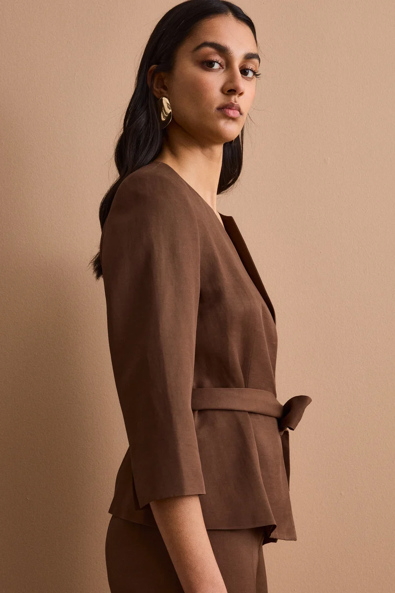 Blazer Foderato da Cerimonia in Raso con Cintura - CIOCCOLATO