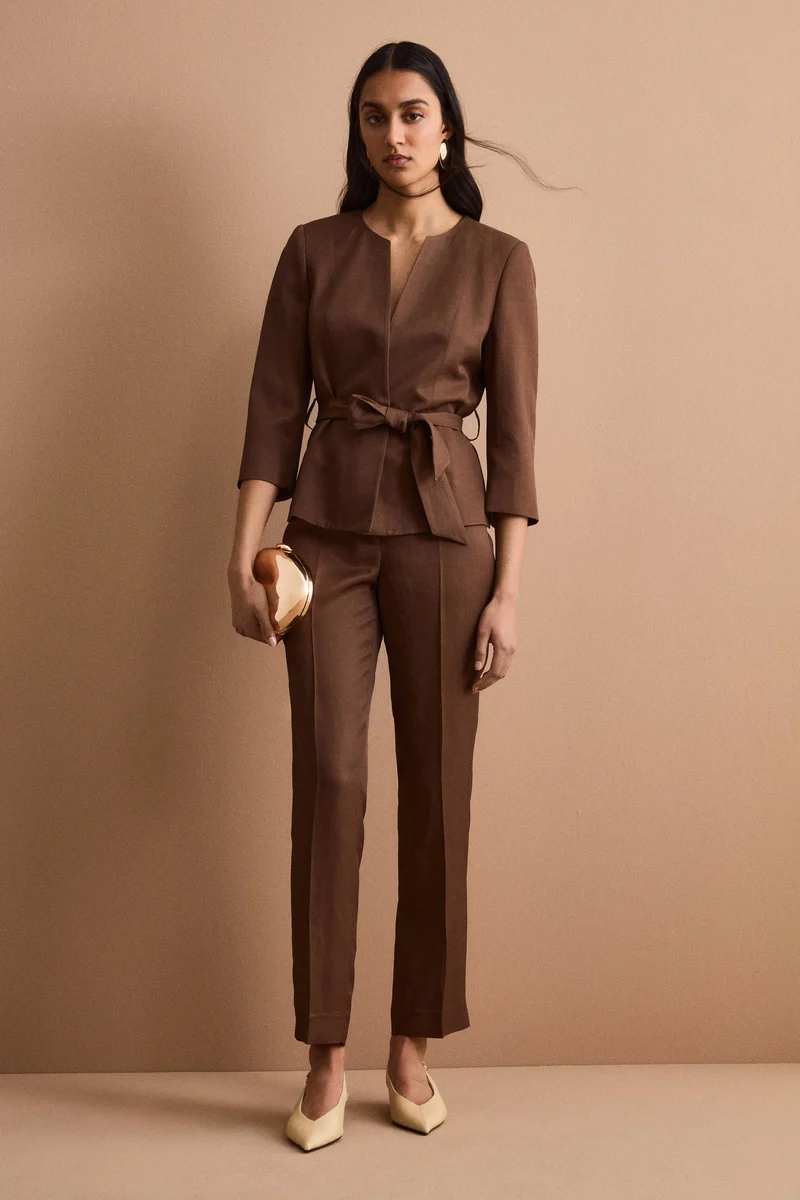 Blazer Foderato da Cerimonia in Raso con Cintura - CIOCCOLATO