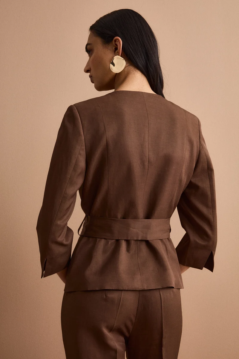 Blazer Foderato da Cerimonia in Raso con Cintura - CIOCCOLATO