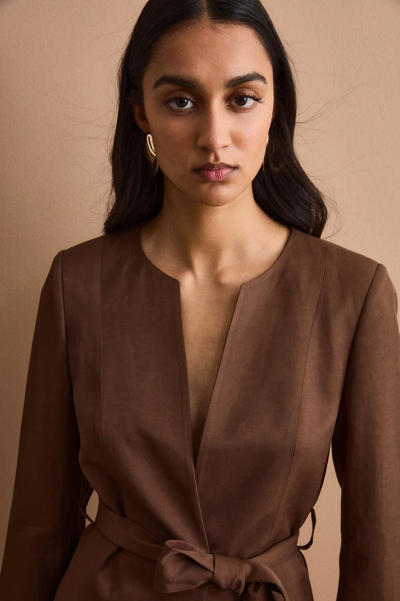 Blazer Foderato da Cerimonia in Raso con Cintura - CIOCCOLATO