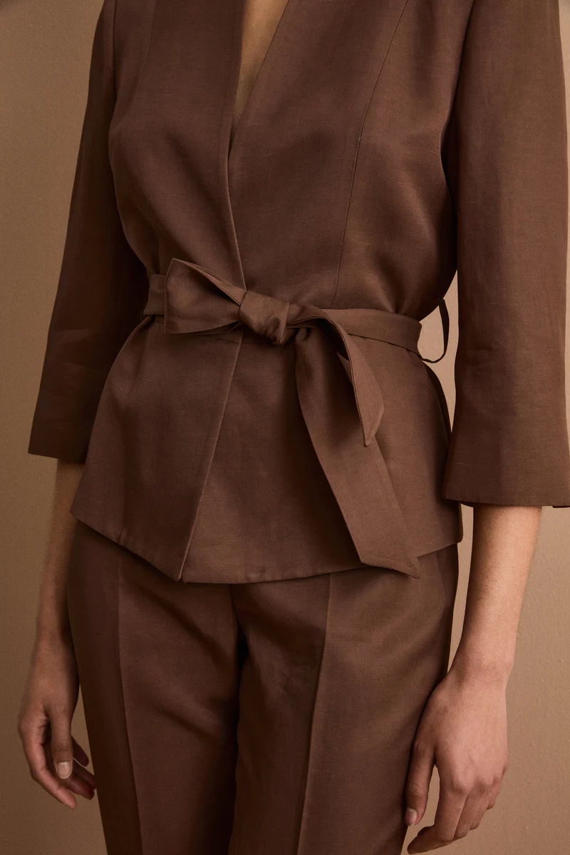 Blazer Foderato da Cerimonia in Raso con Cintura - CIOCCOLATO