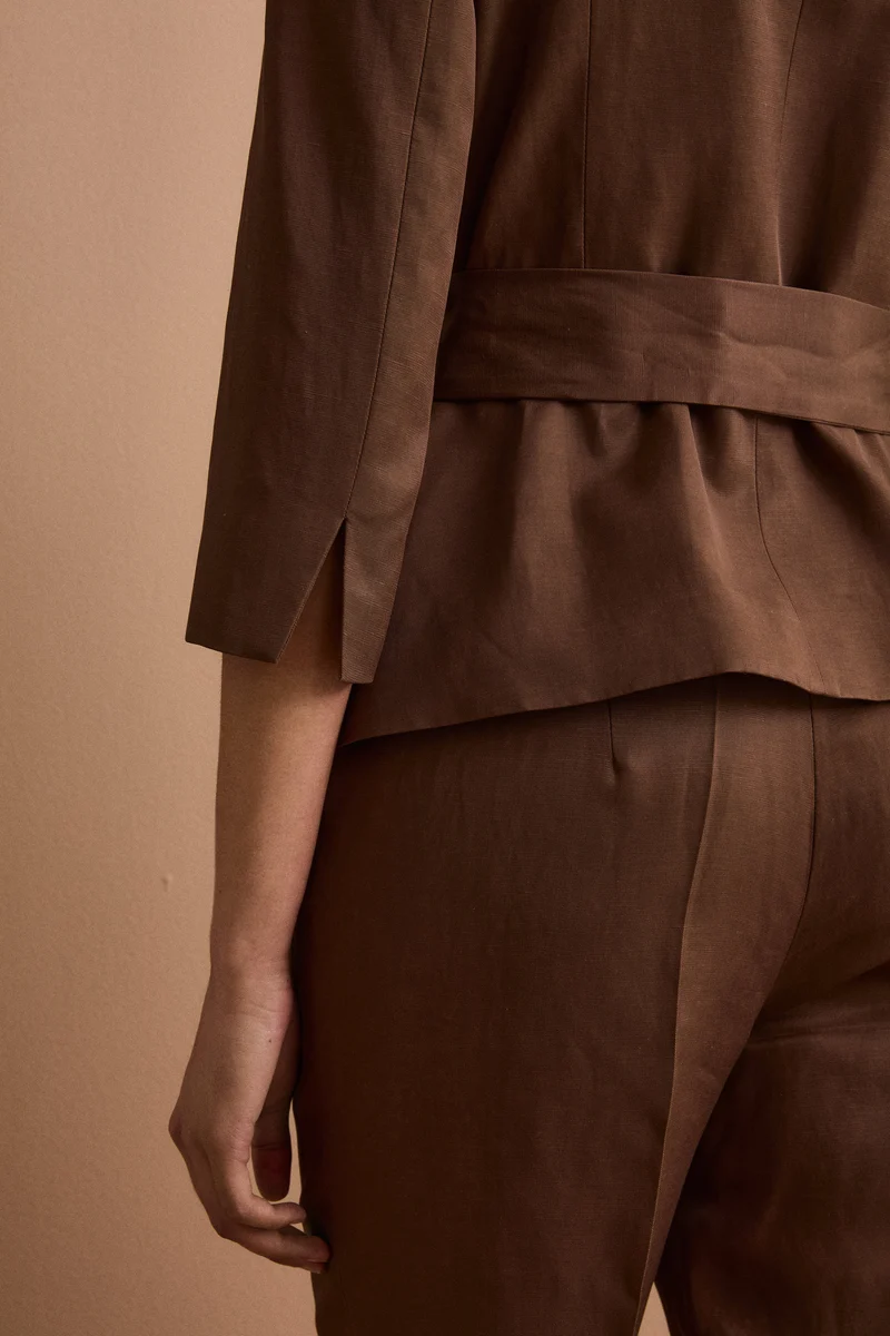 Blazer Foderato da Cerimonia in Raso con Cintura - CIOCCOLATO