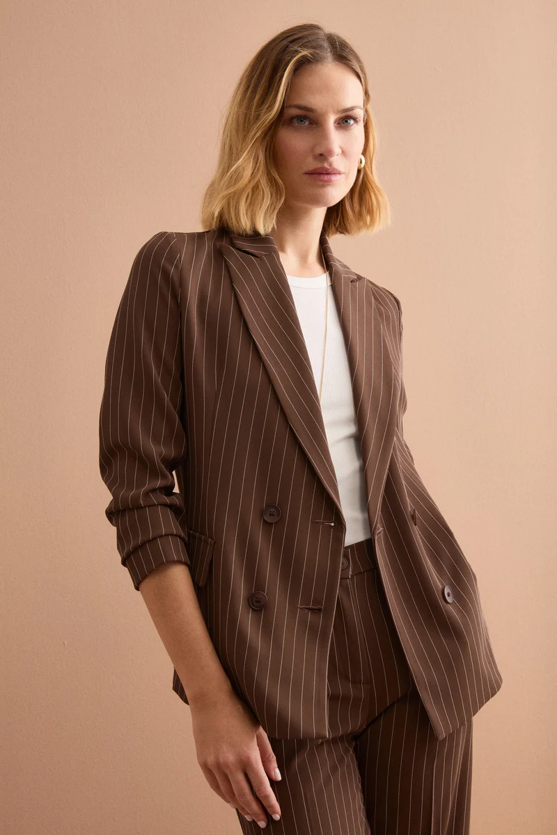 Blazer Cady Doppiopetto Gessato con Revers Punto Lancia - MARRONE GESSATO