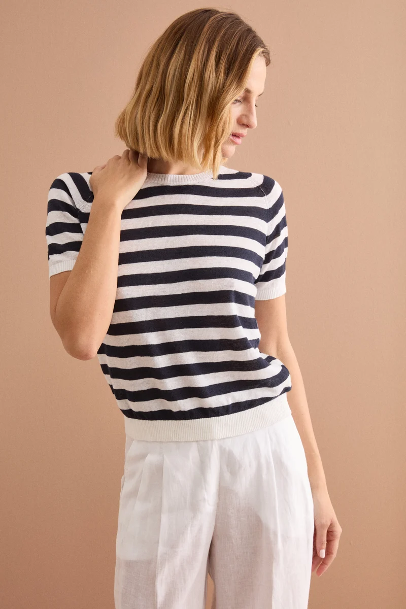 T-Shirt Cropped a Righe in Lino e Cotone - BIANCO/BLU