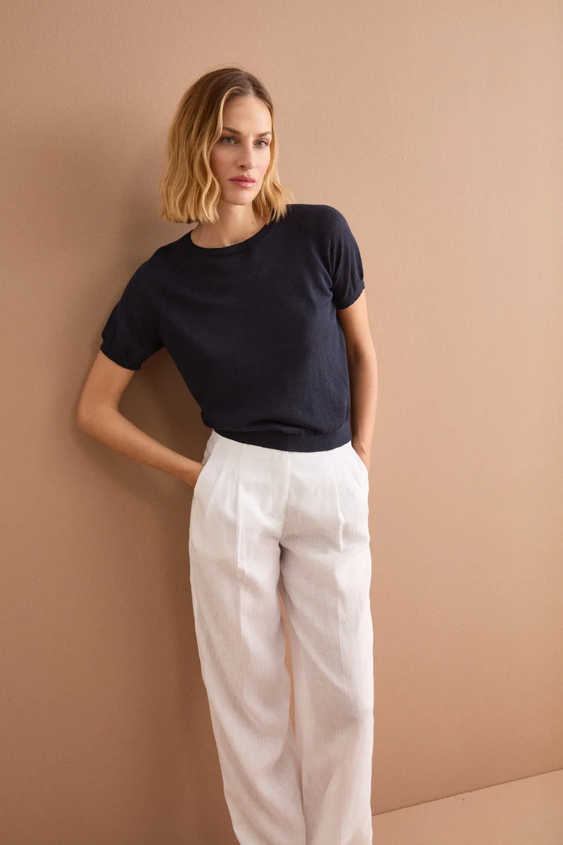 Maglia Cropped Boxy in Misto Lino - BLU