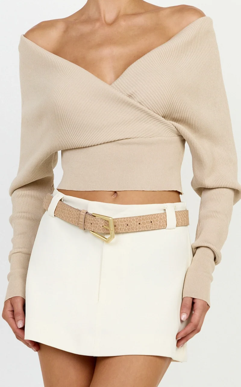 Petra Top - Long Sleeve Wrap Ribbed Knit Top in Oat Marle