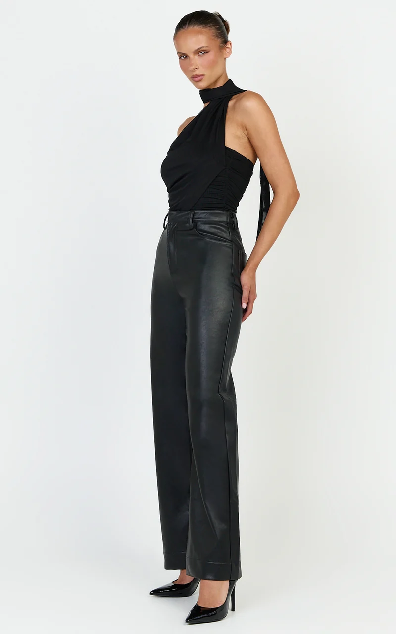 Lucienne Bodysuit - One Shoulder Draped Scarf Bodysuit in Black