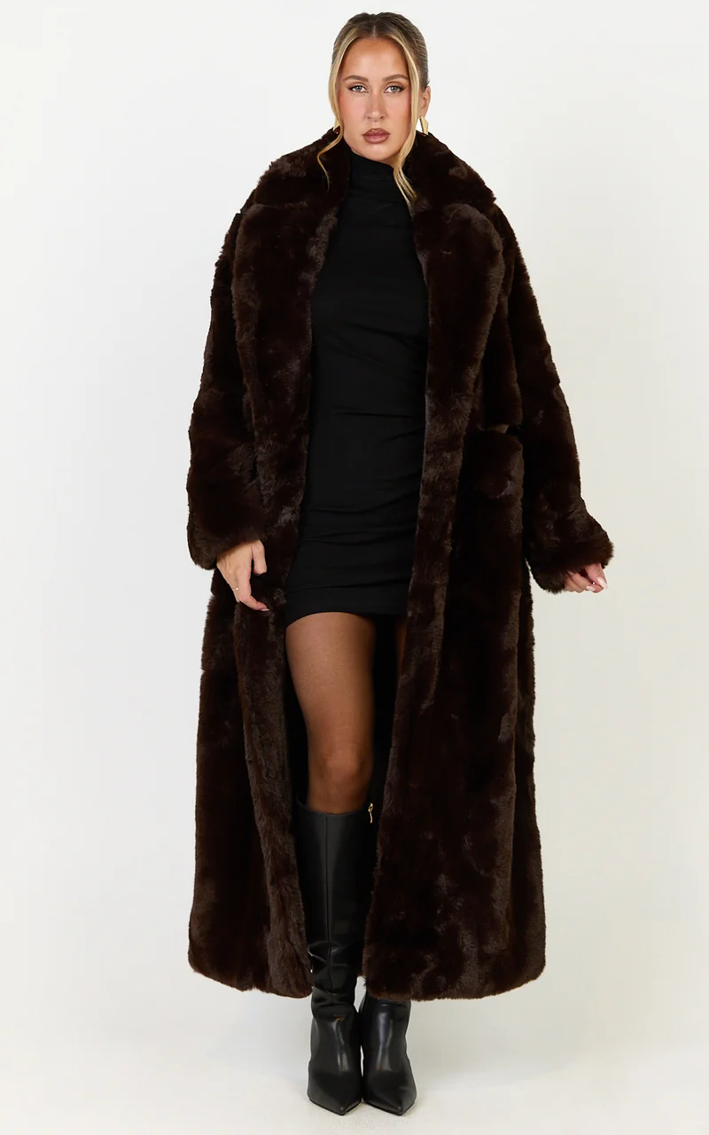Dana Coat - Longline Faux Fur Coat in Chocolate