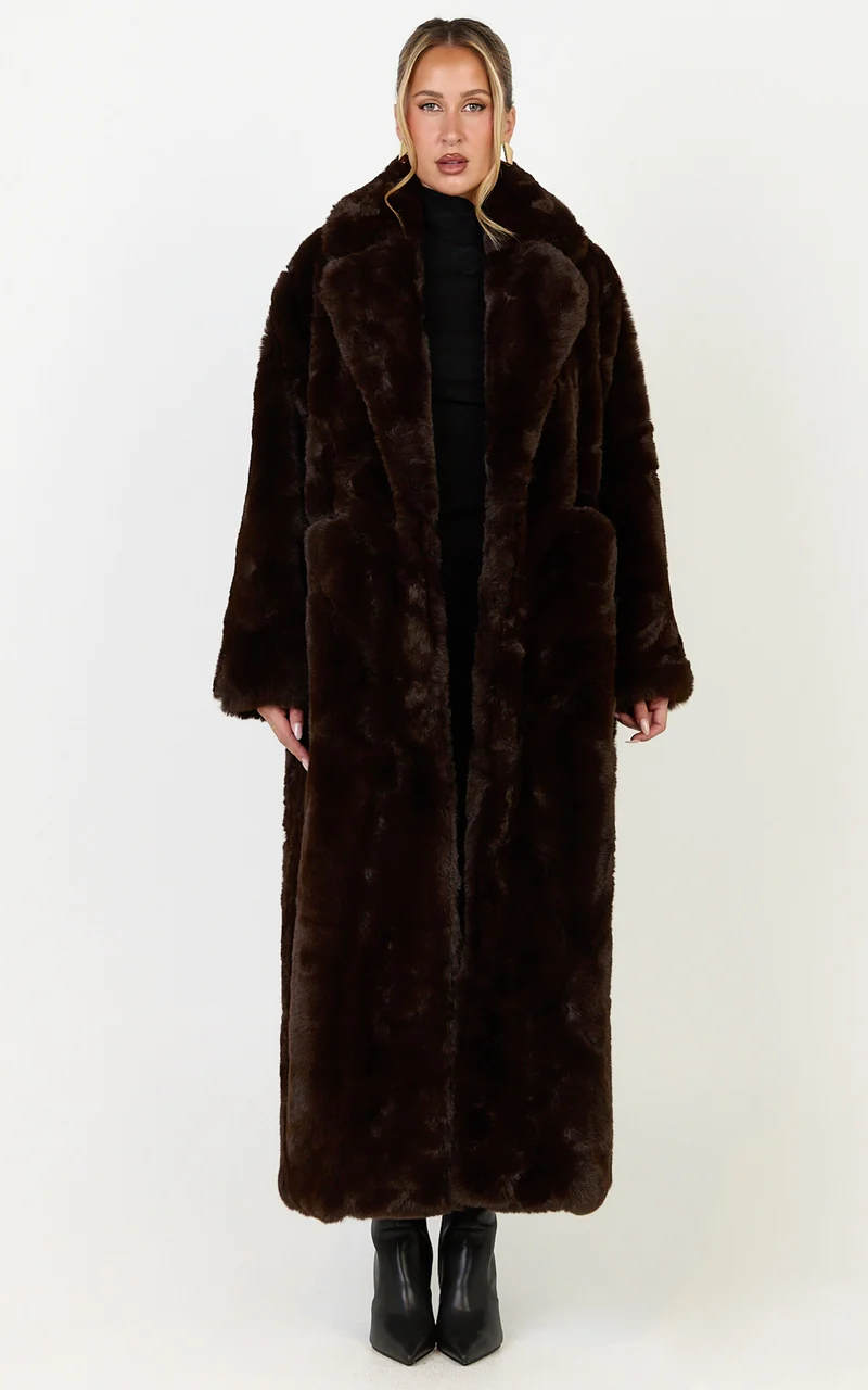 Dana Coat - Longline Faux Fur Coat in Chocolate