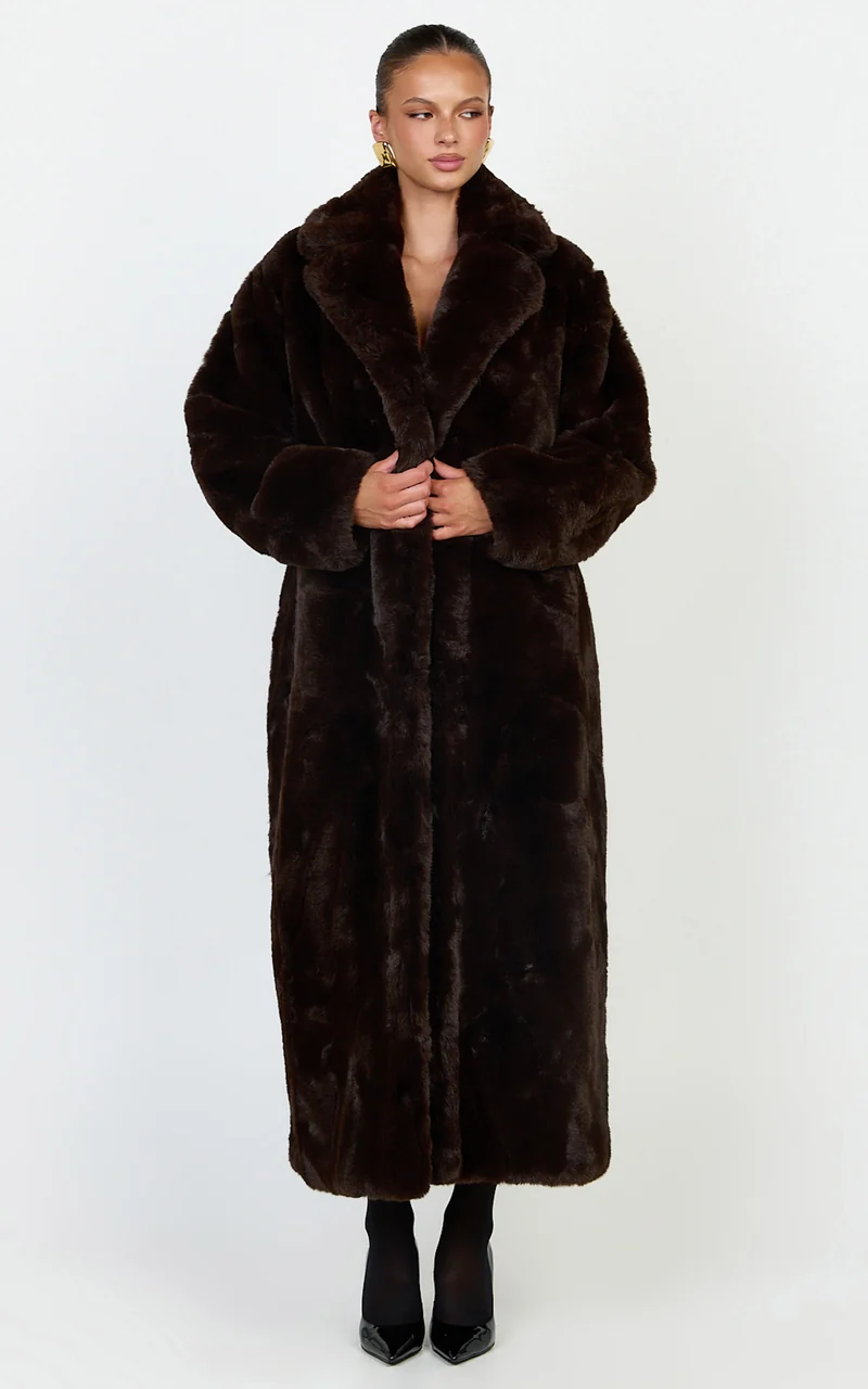 Dana Coat - Longline Faux Fur Coat in Chocolate
