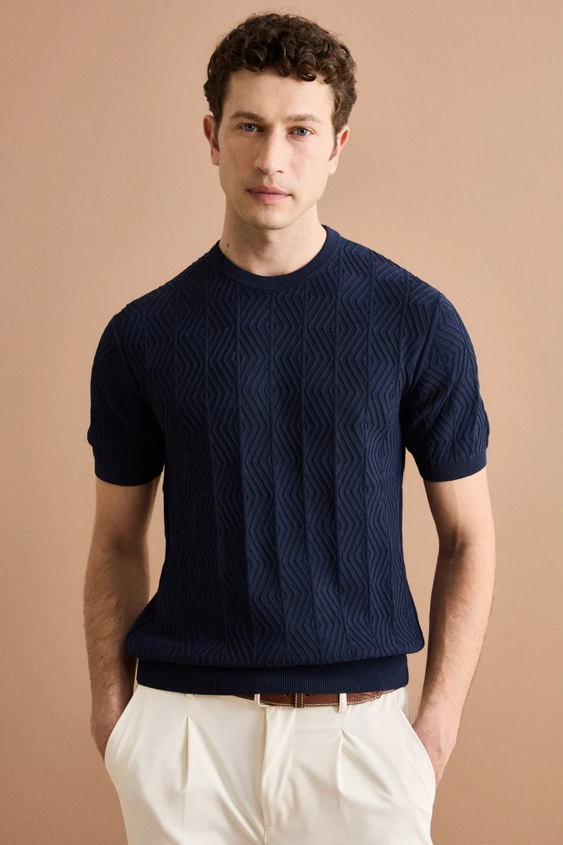T-Shirt a Rombi in Cotone Crêpe - BLU NOTTE