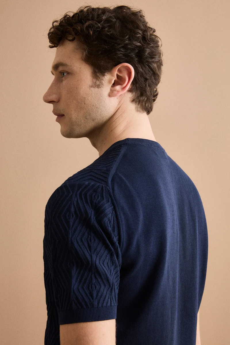 T-Shirt a Rombi in Cotone Crêpe - BLU NOTTE