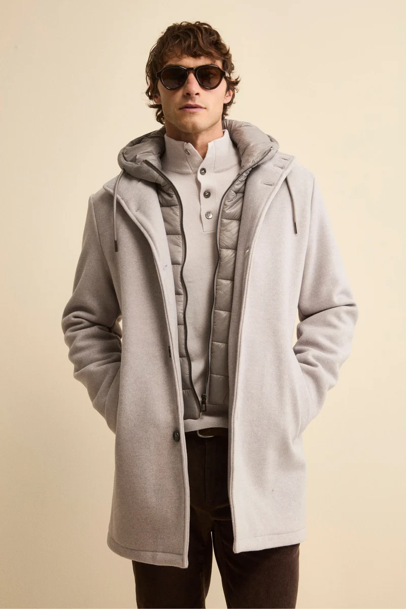 Cappotto in Misto Lana con Cappuccio Removibile - GRIGIO CHIARO