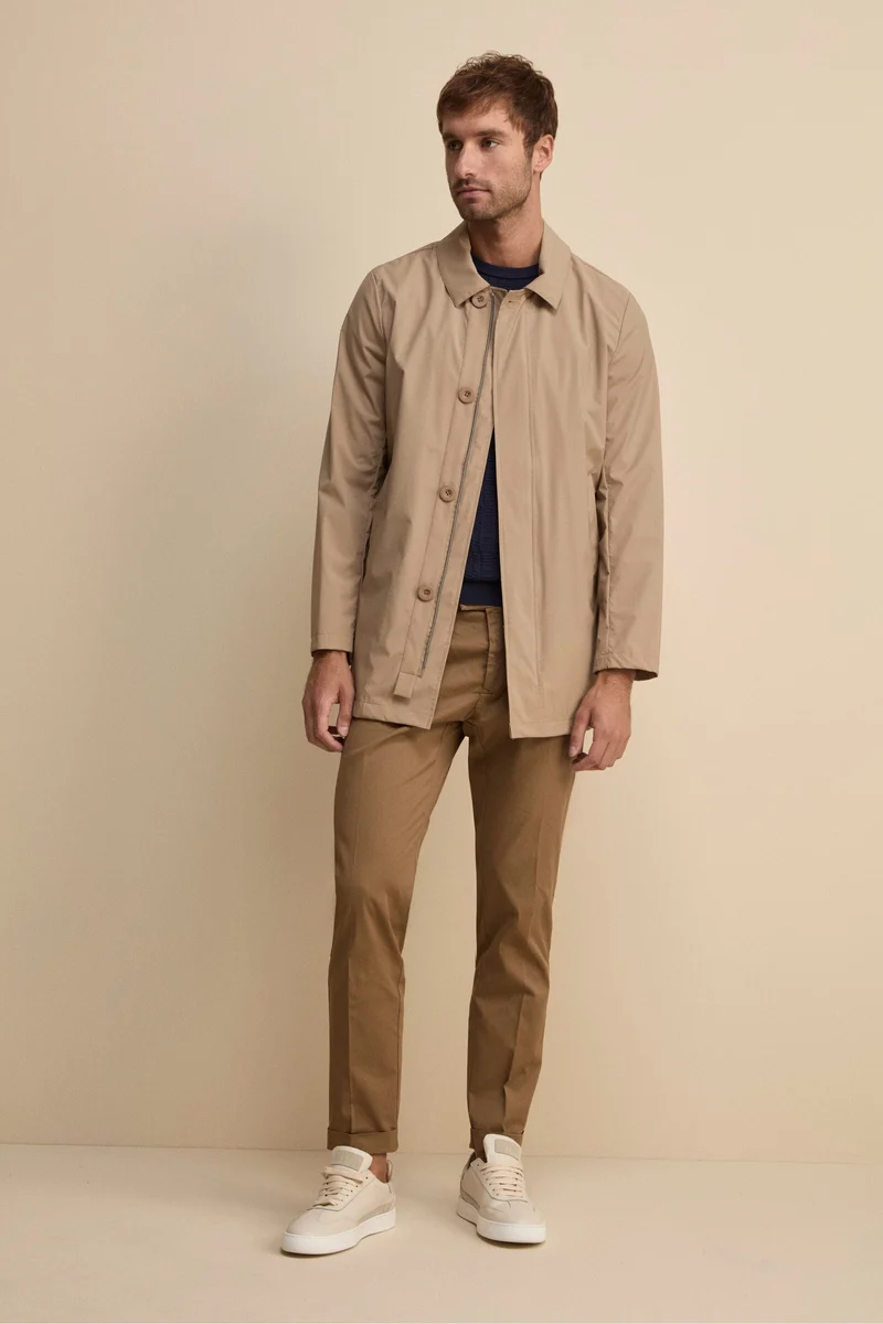 Trench Impermeabile con Zip e Bottoni - BEIGE