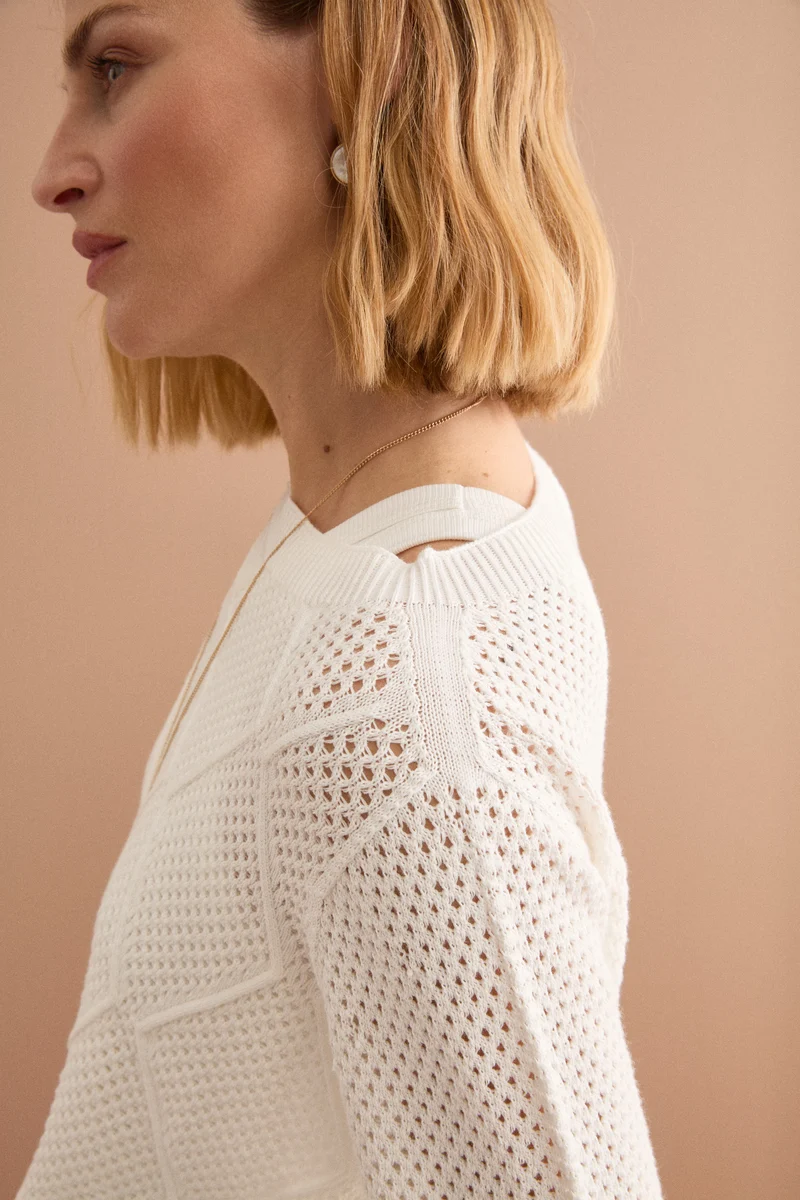 Maglia Barchetta in Cotone con Motivo a Rombi - BIANCO