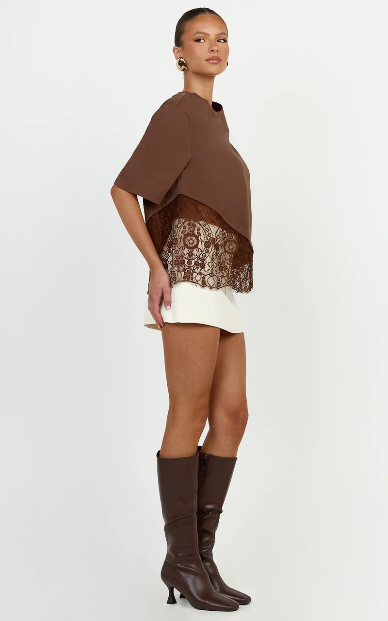 Abby Top - Asym Tee with Lace Trim in Chocolate