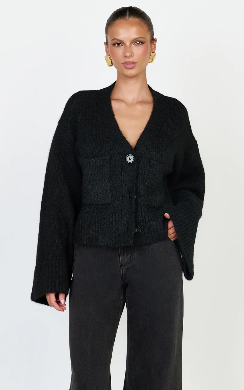 Becka Cardigan - Oversized Recycled Knitted Button Through Cardigan in Black