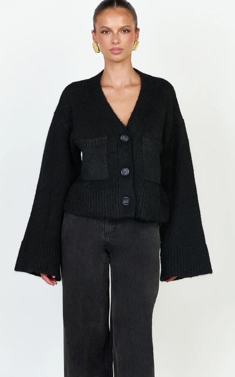 Becka Cardigan - Oversized Recycled Knitted Button Through Cardigan in Black