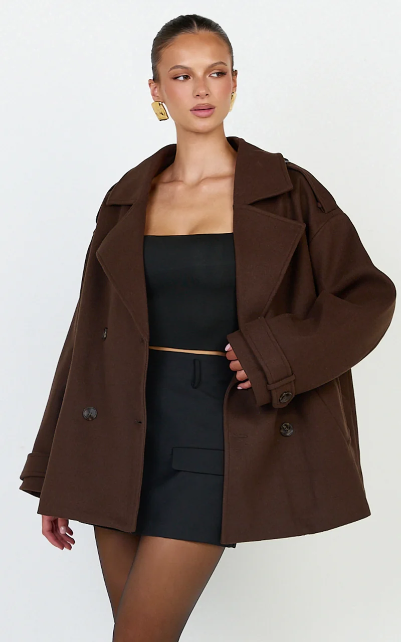 Saskia Coat - Double Breasted Short Wool Like Coat in Chocolate