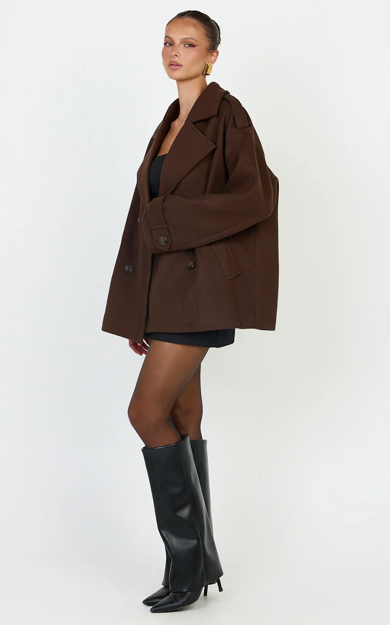 Saskia Coat - Double Breasted Short Wool Like Coat in Chocolate