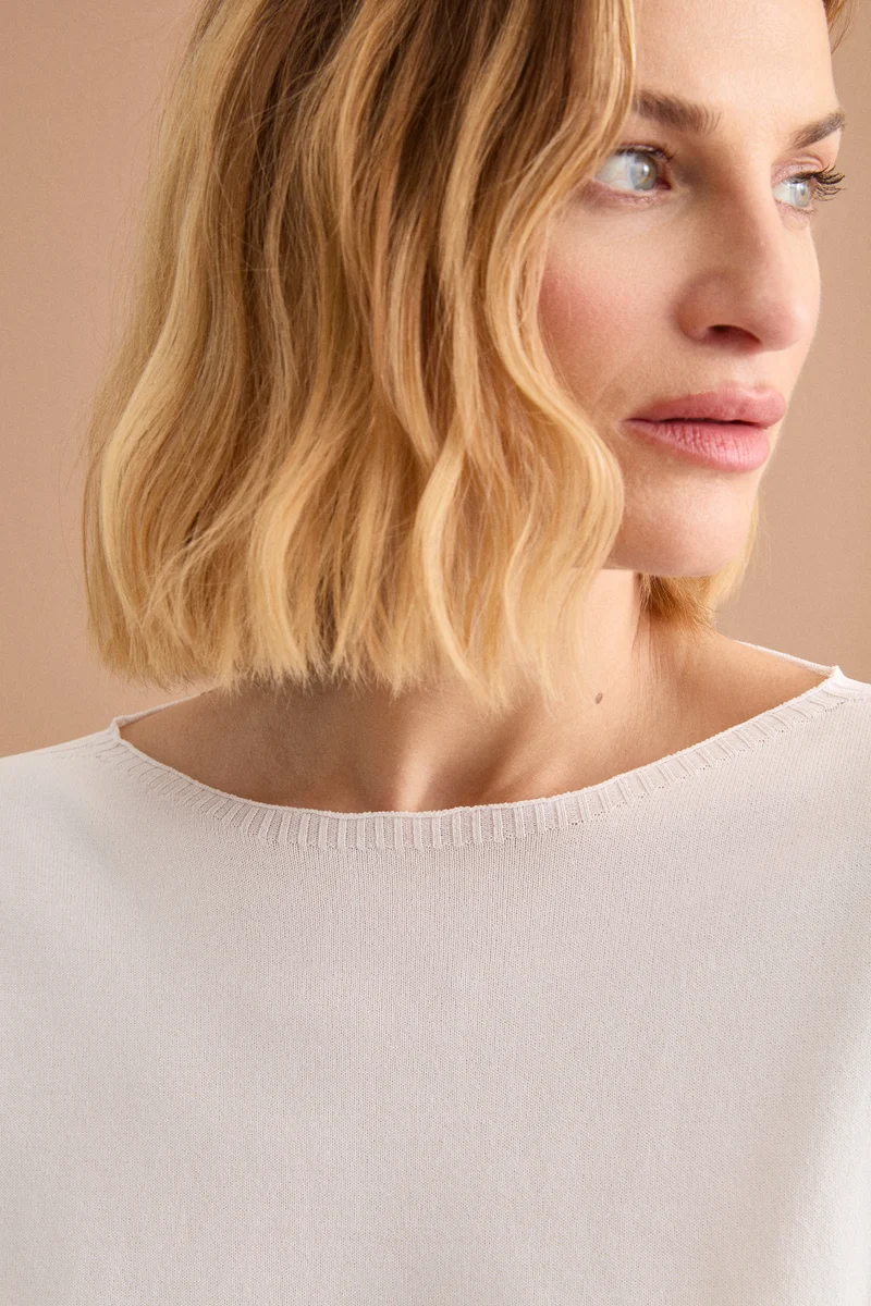 Maglia Barchetta Boxy con Costine - BIANCO