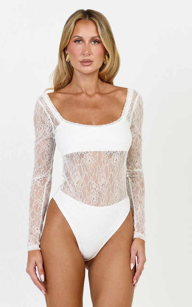 Cynthia Bodysuit - Long Sleeve Lace Bodysuit in Cream