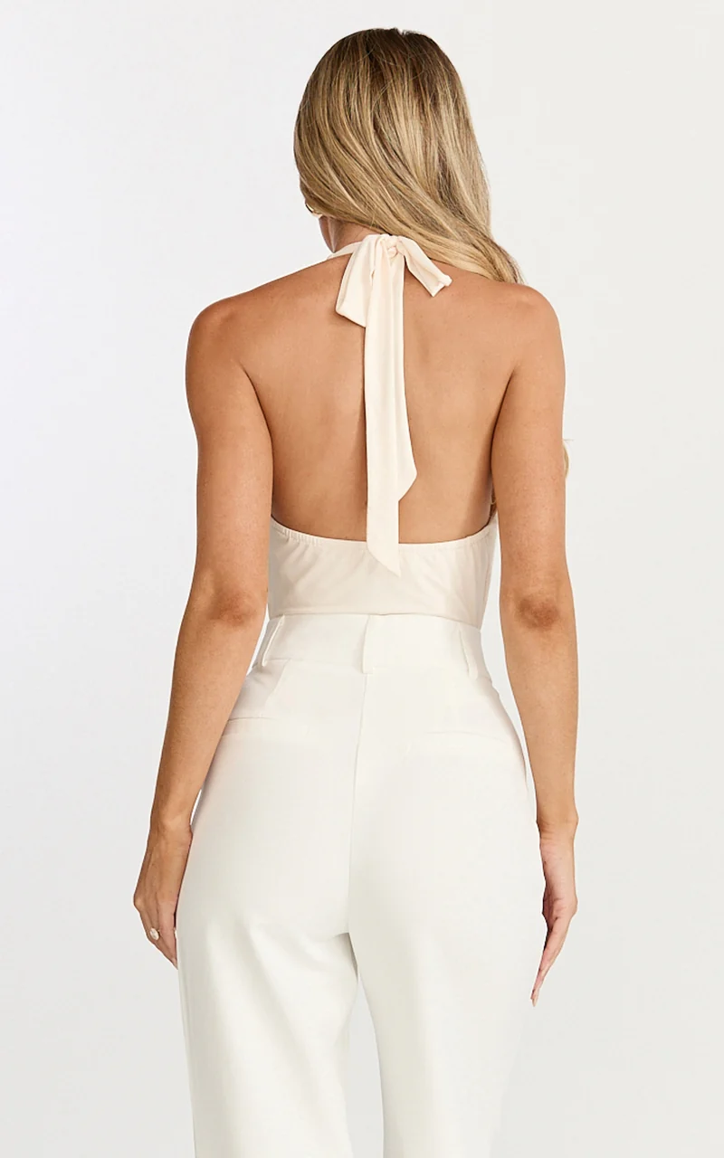 Jade Bodysuit - Deep V Halter Neck Tie Back High Leg Bodysuit in Ivory
