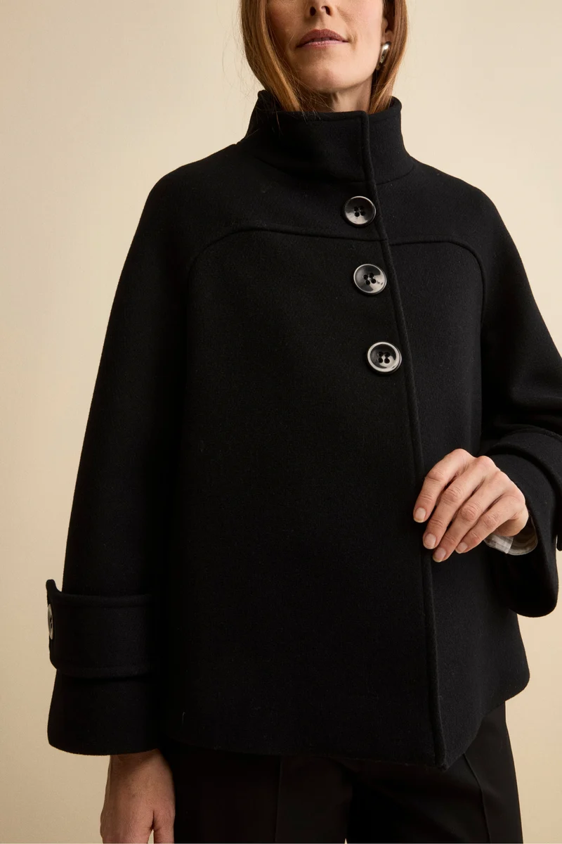 Cappotto Corto in Misto Lana con Maniche a Campana - NERO