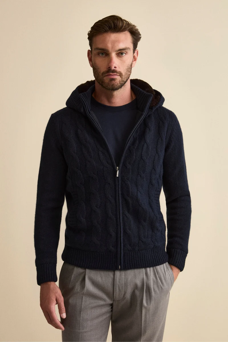 Bomber in Cashmere con Cappuccio e Pelliccia - BLU