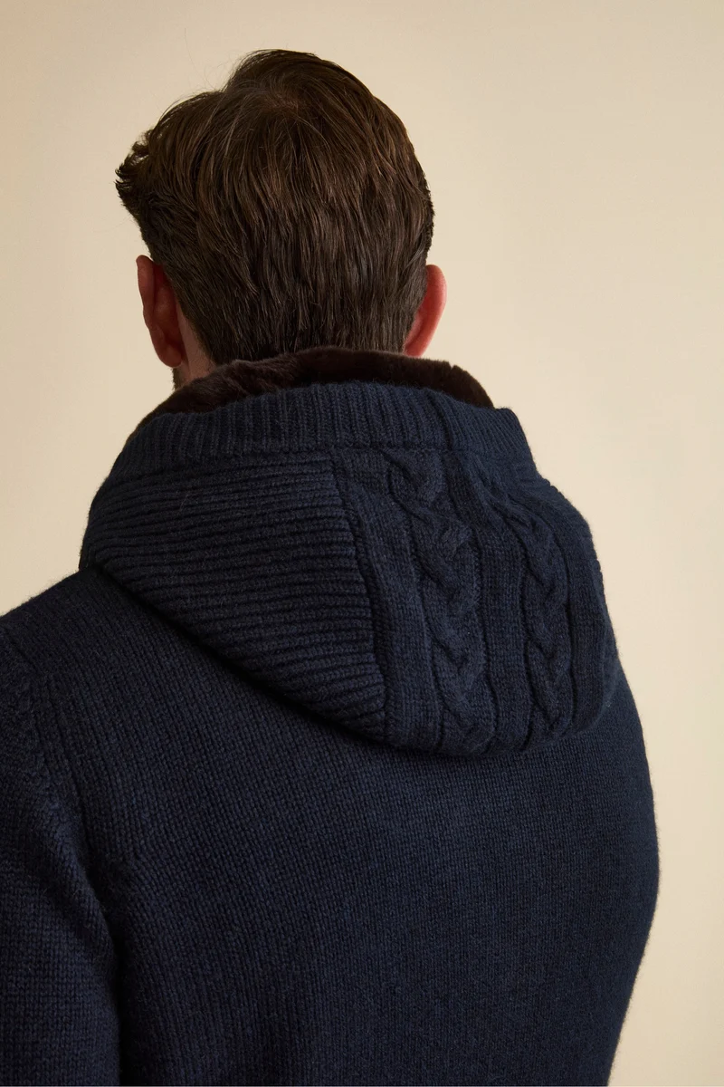 Bomber in Cashmere con Cappuccio e Pelliccia - BLU