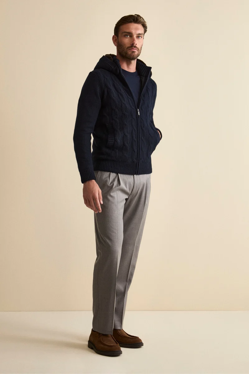 Bomber in Cashmere con Cappuccio e Pelliccia - BLU