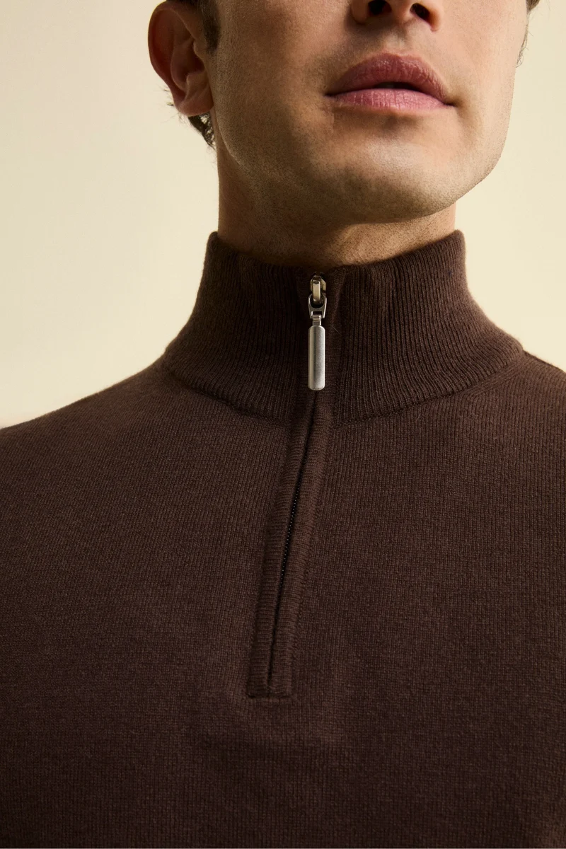 Lupetto con Zip in Lana e Cashmere - MARRONE
