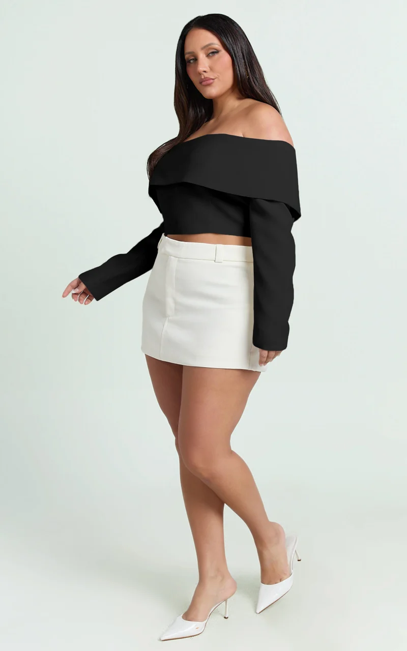 Ursula Top - Long Sleeve Off Shoulder Cropped Top in Black